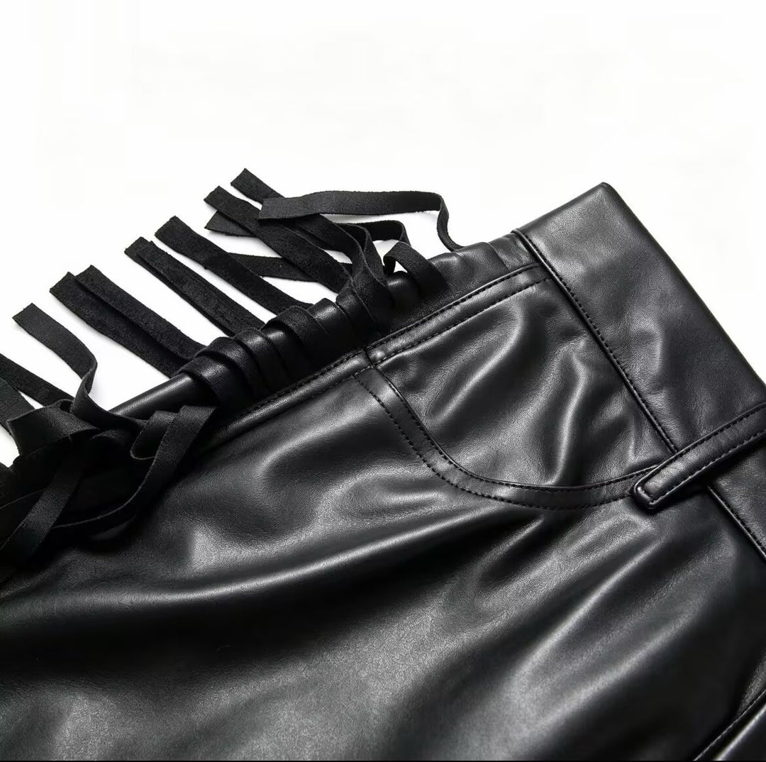 Damen weite Kunstlederhose mit seitlichem Fransenbesatz und hoher Taille Nord Taschen