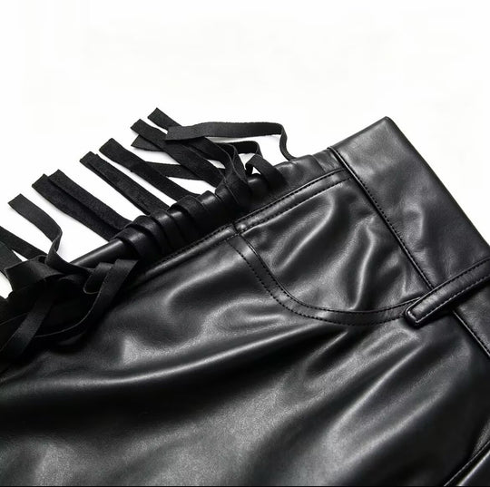 Damen weite Kunstlederhose mit seitlichem Fransenbesatz und hoher Taille Nord Taschen