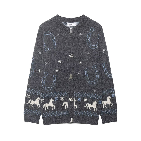 Damen Strickcardigan mit Pferde- und Hufeisen-Jacquard und Zierknöpfen Nord Taschen