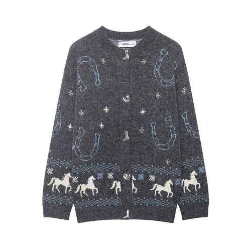 Damen Strickcardigan mit Pferde- und Hufeisen-Jacquard und Zierknöpfen Nord Taschen