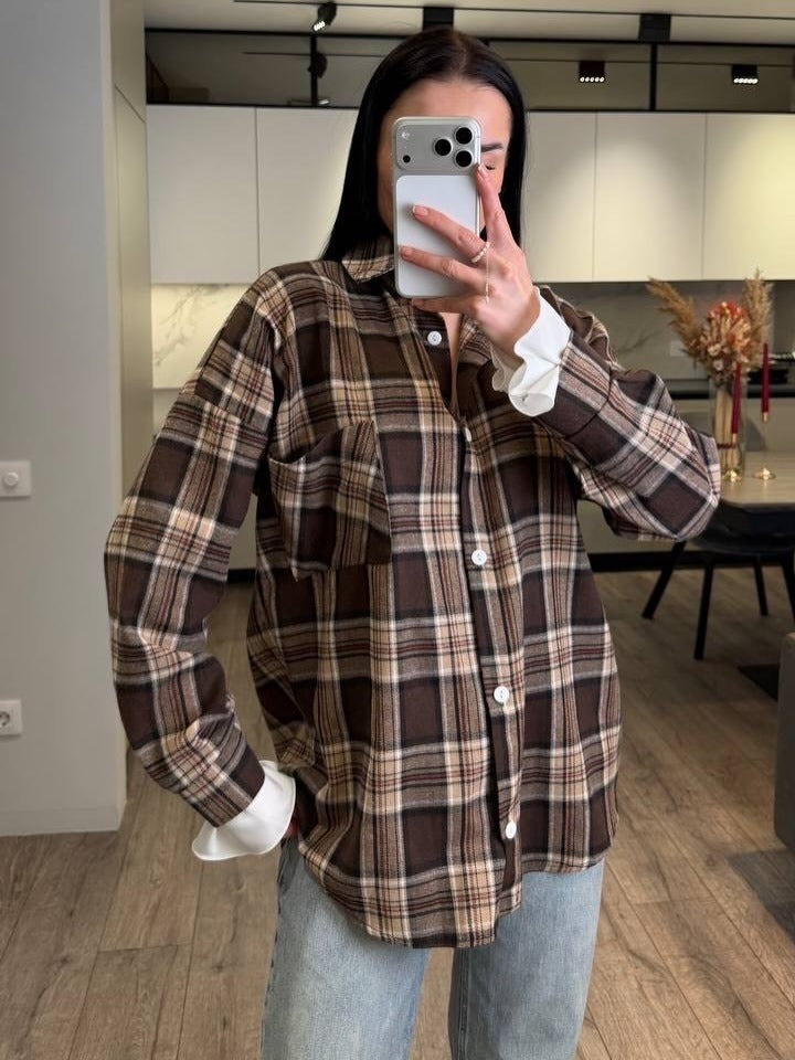 Damen Kariertes Flanell-Overshirt mit Hemdblusenkragen, Relaxed-Fit und aufgesetzter Brusttasche Nord Taschen