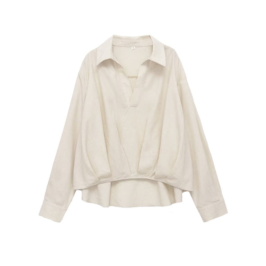 Damen Oversize-Leinenbluse mit offenem V‑Ausschnitt und gerafftem Saum Nord Taschen