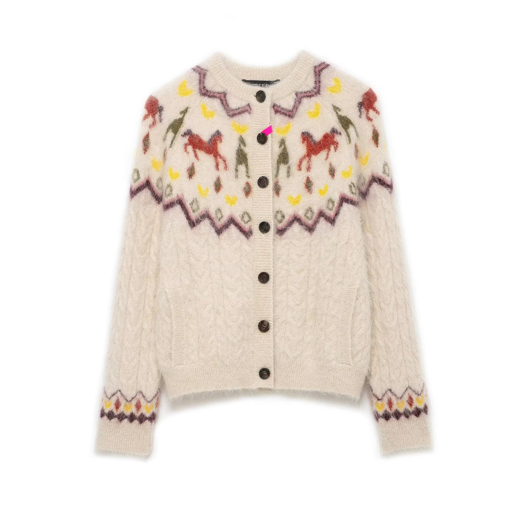 Damen Strickcardigan mit Norwegermuster und Pferde-Motiv, Zopfmuster und Knopfleiste Nord Taschen