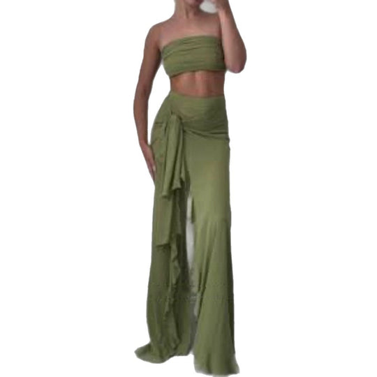 Damen Hochtaillierter Maxi-Rock mit asymmetrischer Raffung, Knotendetail und Volant-Schlitz Nord Taschen