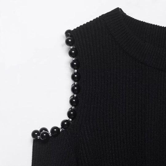 Damen Gestrickter Cropped-Pullover mit Cut-Out-Schultern und Perlenbesatz Nord Taschen