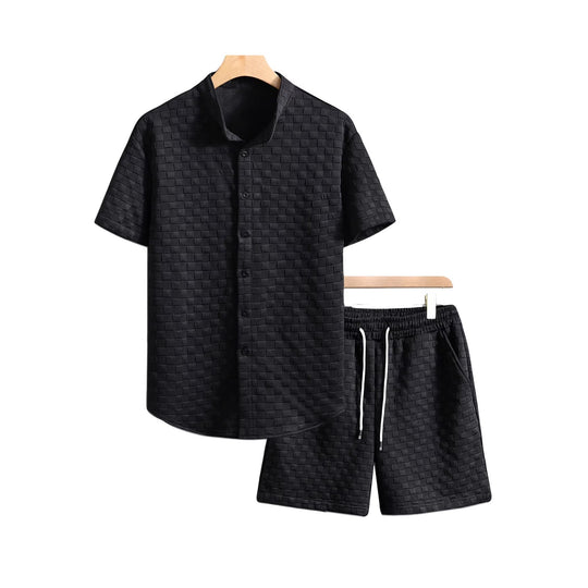 Herren nan zweiteiliges Sommerensemble mit Stehkragen-Hemdjacke und elastischen Komfort-Shorts in geprägter Karo-Textur - Arvani