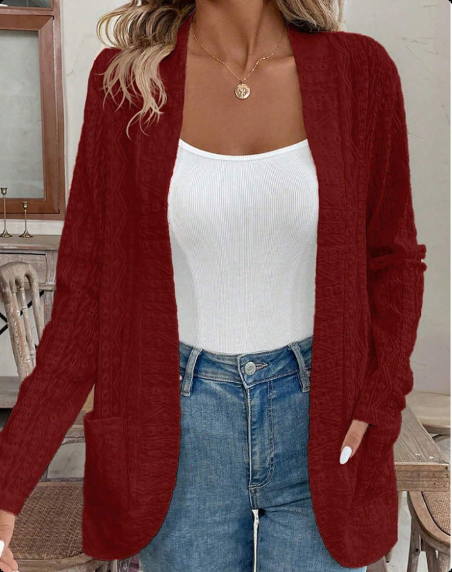 Damen Offener Strukturierter Strickcardigan mit Eingrifftaschen Nord Taschen
