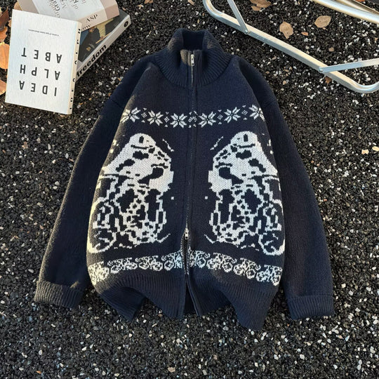 Unisex Übergroße Strickjacke mit durchgehendem Reißverschluss, hohem Rippkragen und Eulen-Intarsien Nord Taschen