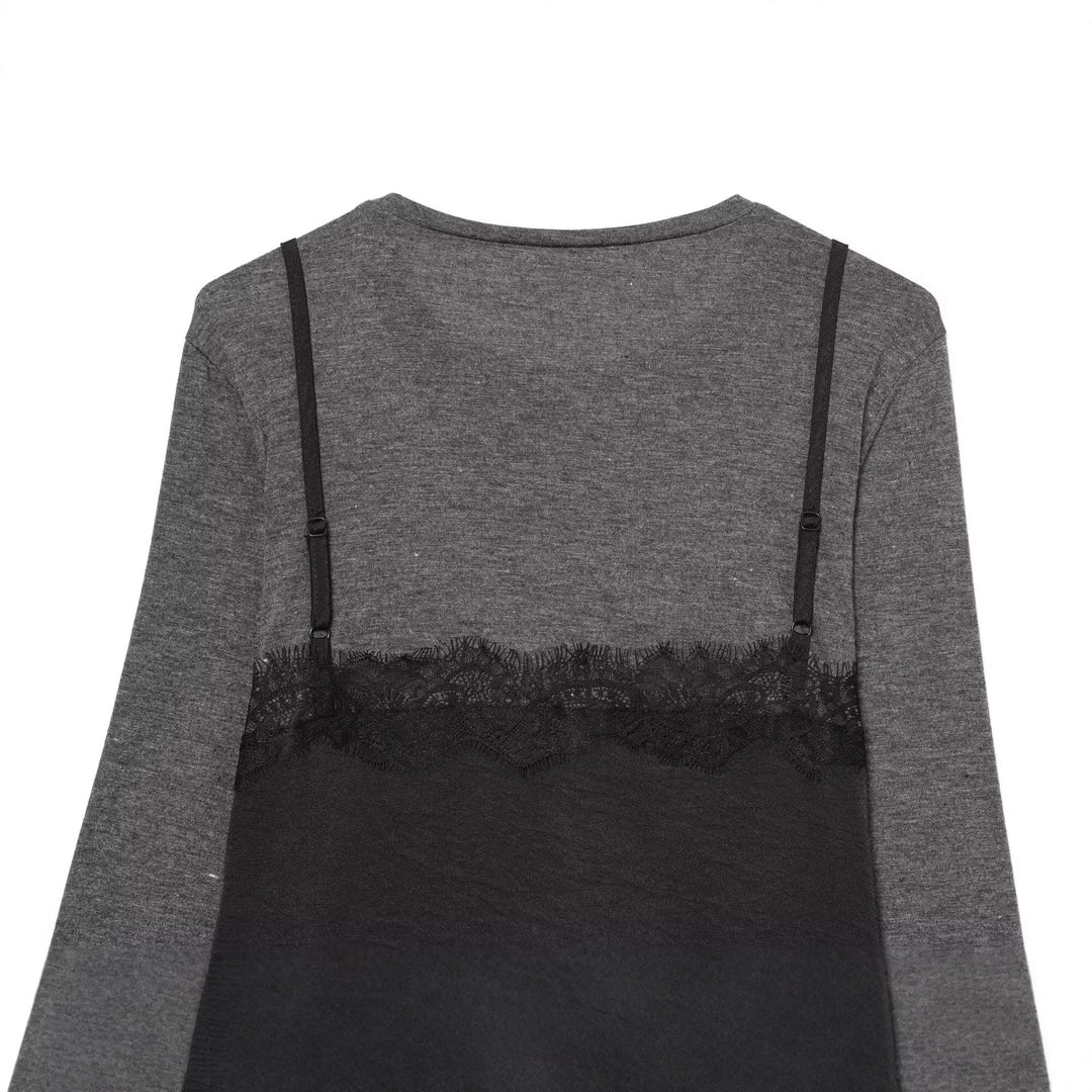 Damen Lagenlook-Longsleeve mit Satin-Slip-Einsatz und Spitzenbesatz Nord Taschen