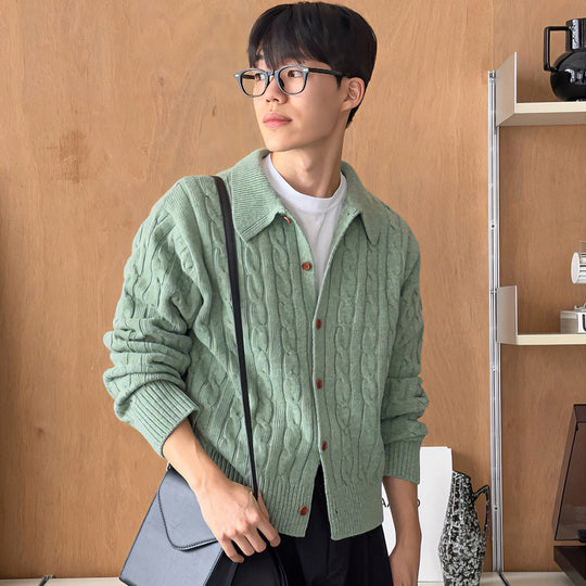 Herren Strickjacke mit Zopfmuster, Hemdkragen und durchgehender Knopfleiste Nord Taschen