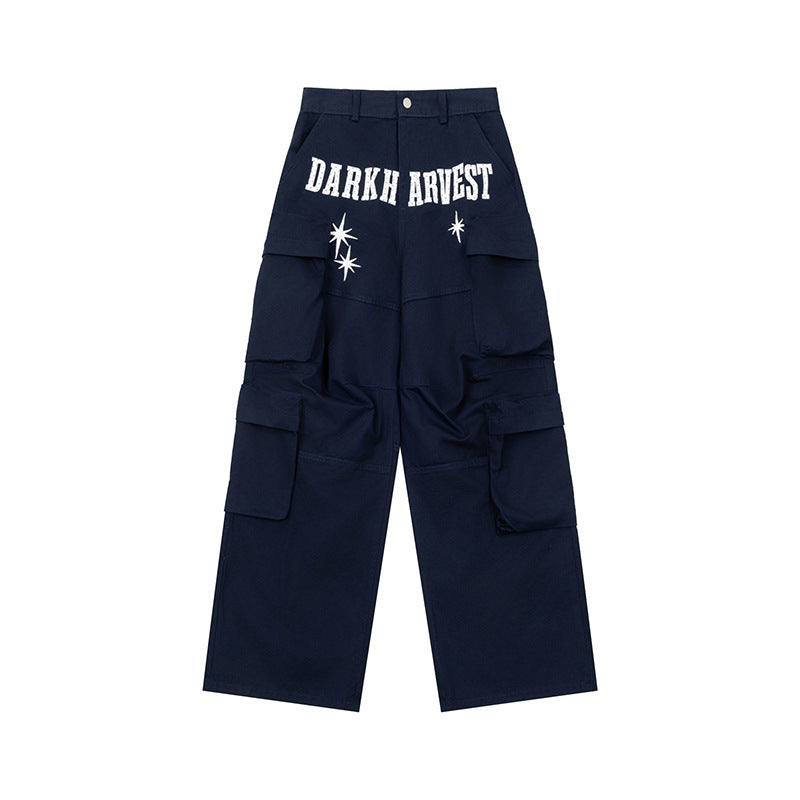 Damen Weite Cargo-Palazzo-Hose mit Mehrfach-Taschen, hoher Taille und Statement-Print Nord Taschen