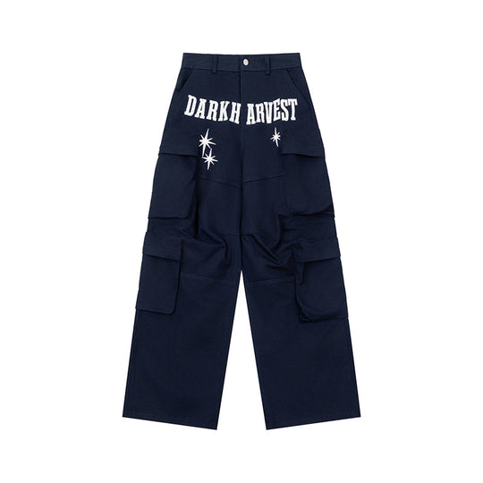 Damen Weite Cargo-Palazzo-Hose mit Mehrfach-Taschen, hoher Taille und Statement-Print Nord Taschen