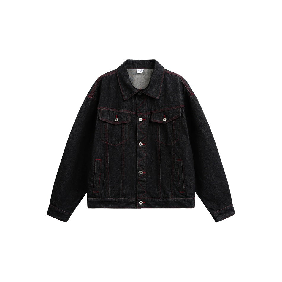 Herren Boxy‑Denimjacke mit roten Kontrastnähten und Metallknöpfen Nord Taschen