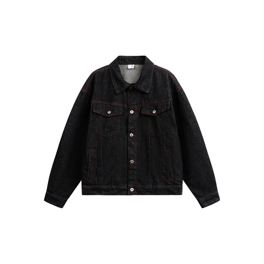 Herren Boxy‑Denimjacke mit roten Kontrastnähten und Metallknöpfen Nord Taschen