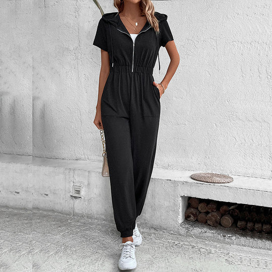 Damen moderner Kurzarm-Jumpsuit mit praktischen Taschen und Kapuze