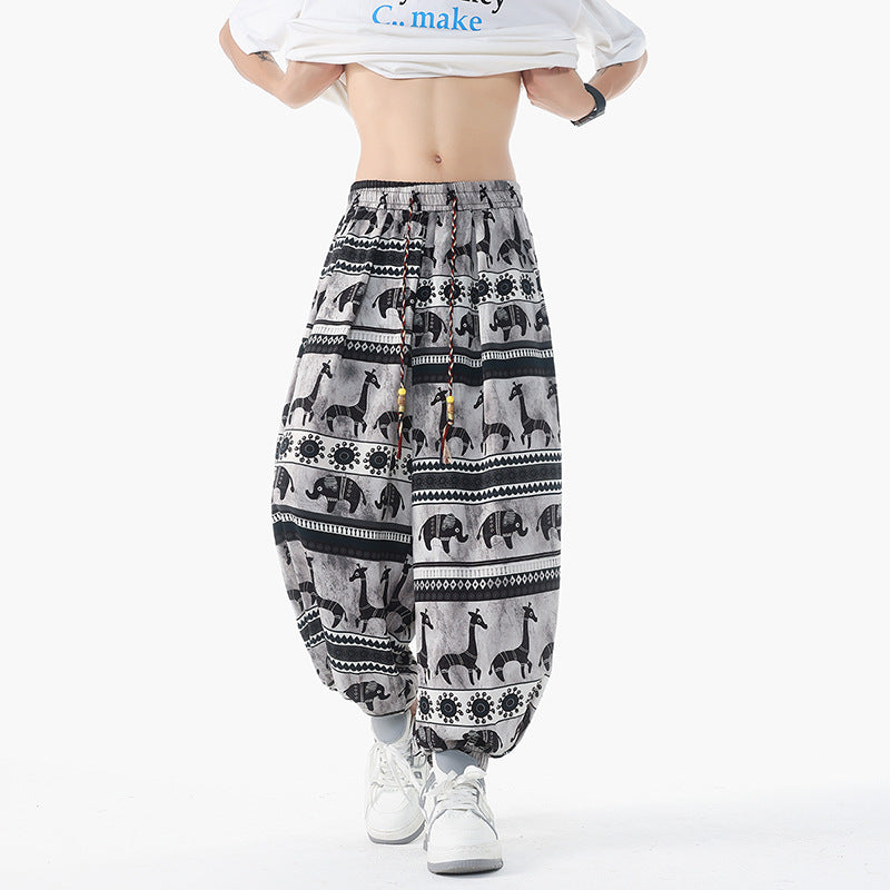 Damen lässige Pluderhose im Ethno-Print mit elastischem Bund, Kordelzug und gesmokten Bündchen Nord Taschen