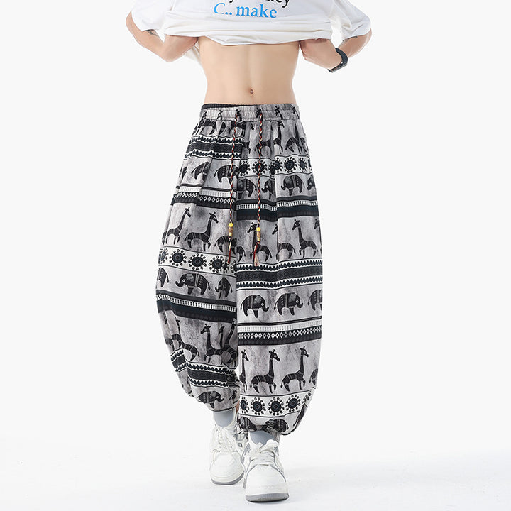 Damen lässige Pluderhose im Ethno-Print mit elastischem Bund, Kordelzug und gesmokten Bündchen Nord Taschen