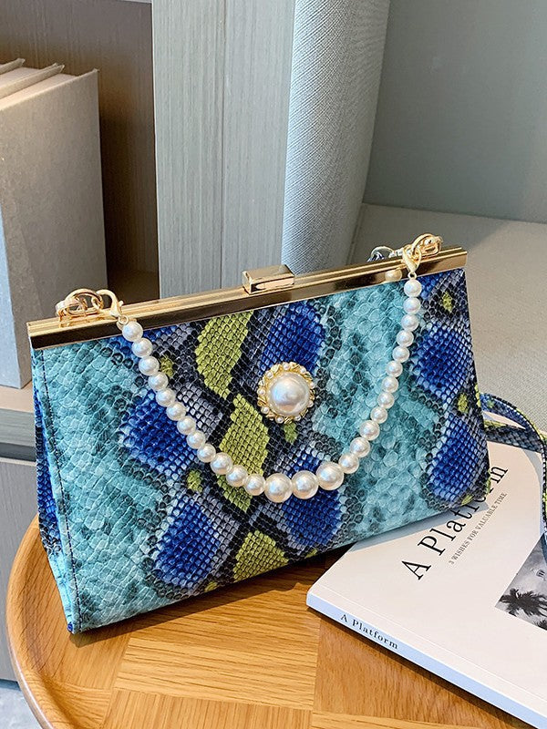 Damen elegante Abendtasche im Schlangenleder-Look mit Perlenakzent Nord Taschen