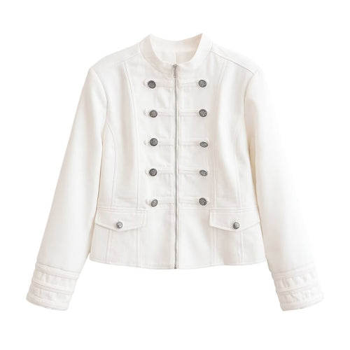 Damen Kurze Uniformjacke mit Stehkragen, Zierriegeln und Metallknopf‑Detail Nord Taschen