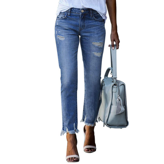 Damen Vintage Slim-Fit Jeans mit fransigem Saum und modischen Rissen