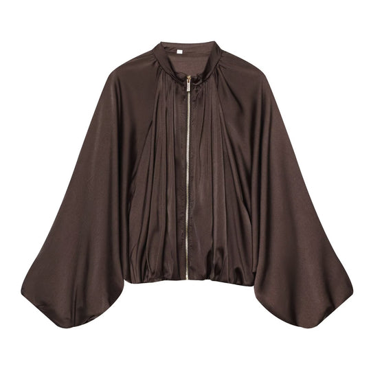 Damen Kurz geschnittene Satin‑Bomberjacke mit weitem Fledermausärmeln und Falten-Detail Nord Taschen