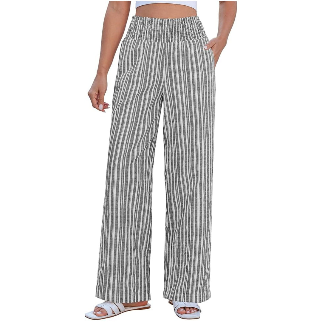 Damen Leichte Leinenhose mit weitem Bein, hoch geschnittener geraffter Gummibund und Seitentaschen Nord Taschen