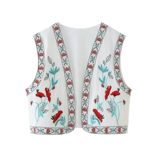Damen Bestickte ärmellose Boho-Weste mit offenem Schnitt und floraler Stickerei Nord Taschen