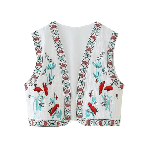 Damen Bestickte ärmellose Boho-Weste mit offenem Schnitt und floraler Stickerei Nord Taschen