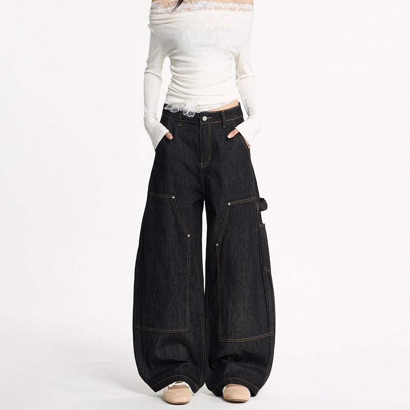 Damen Extraweite Denim-Palazzohose im Cargostil mit tiefem Schritt, Kontrastnähten und Utility‑Details Nord Taschen