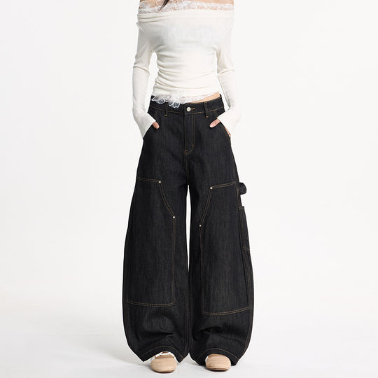 Damen Extraweite Denim-Palazzohose im Cargostil mit tiefem Schritt, Kontrastnähten und Utility‑Details Nord Taschen