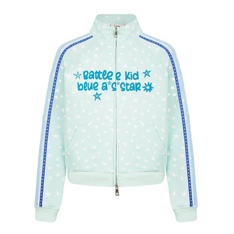Damen Sweatjacke im Retro-Trackstil mit Stehkragen, Sternen-Print und Kontraststreifen Nord Taschen