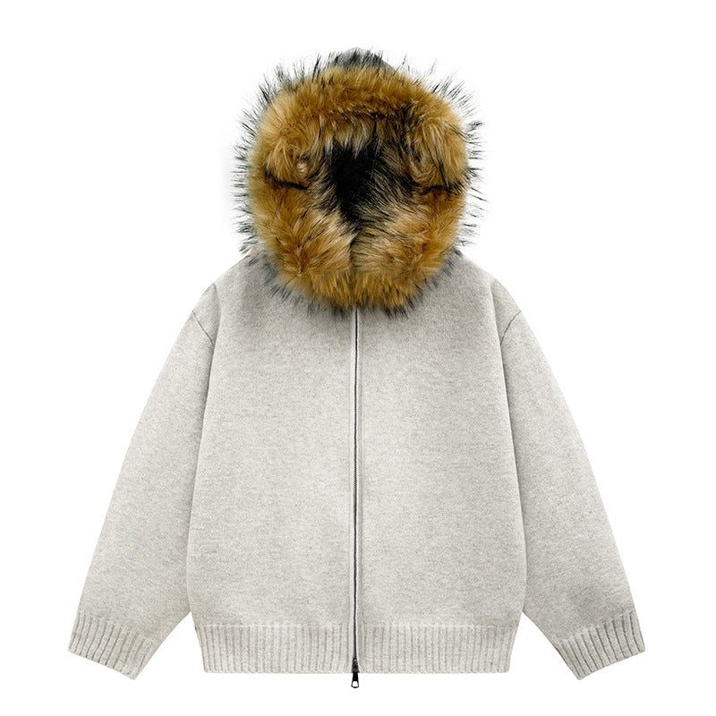Damen Strick-Bomberjacke mit Kapuze und abnehmbarem Kunstfellbesatz Nord Taschen