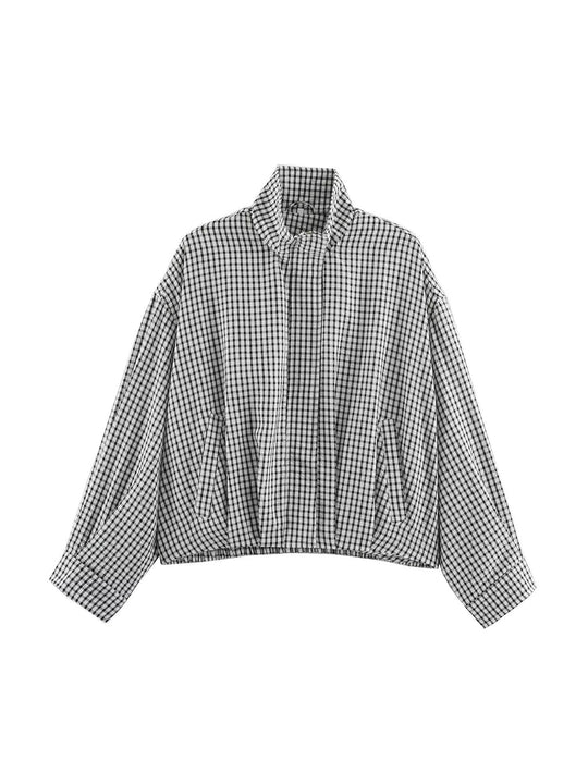 Damen Oversize Karierte Blousonjacke mit Stehkragen Nord Taschen