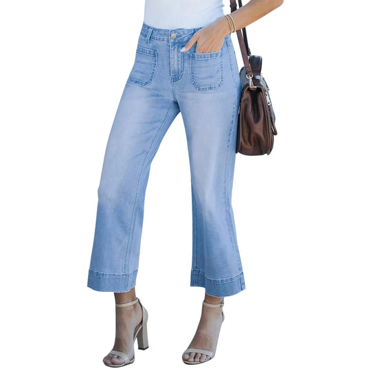 Damen Hochtaillierte Culotte-Jeans mit weitem Bein und aufgesetzten Vordertaschen Nord Taschen