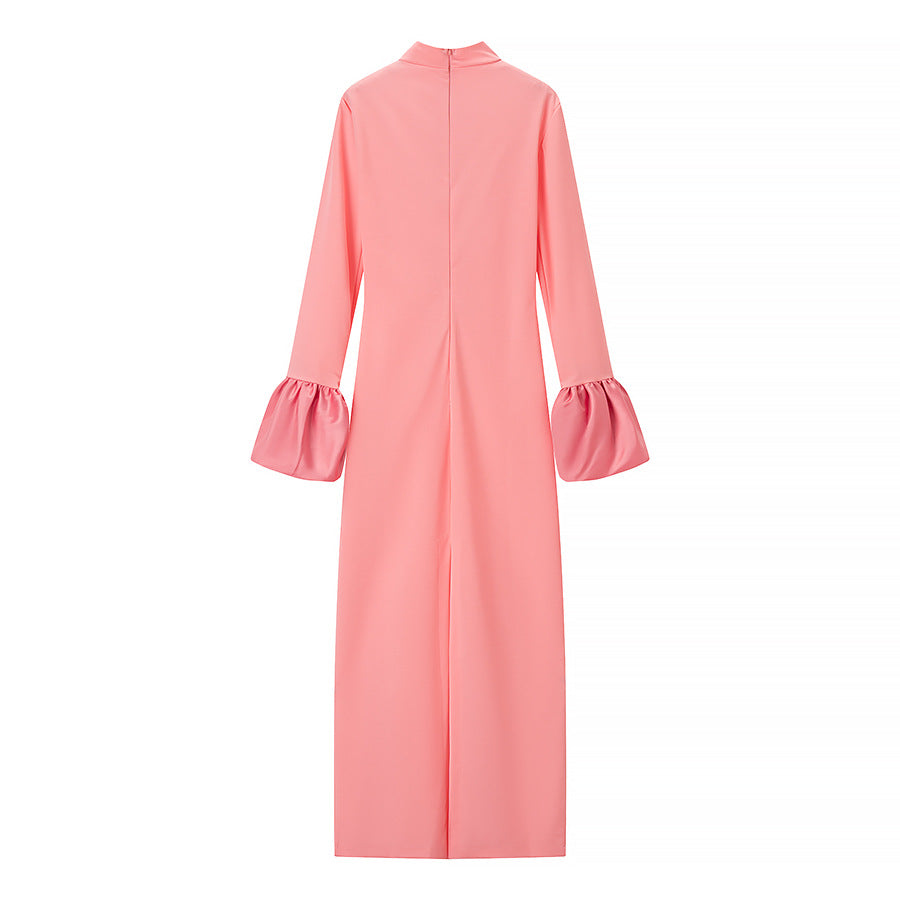 Damen Maxikleid mit Stehkragen und gerafften Volantärmeln Nord Taschen