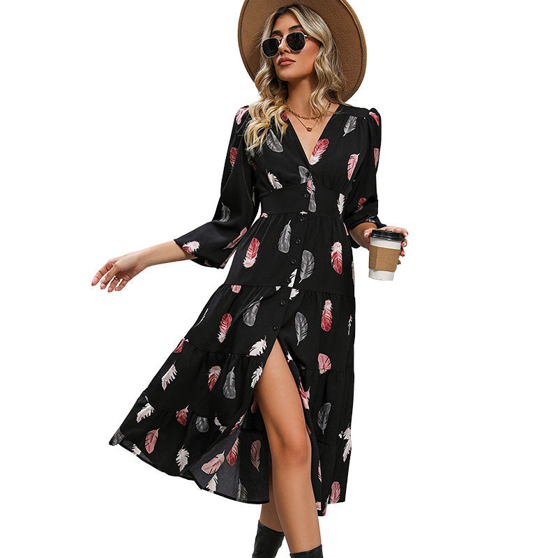 Damen Langarm Kleid mit Federprint Nord Taschen