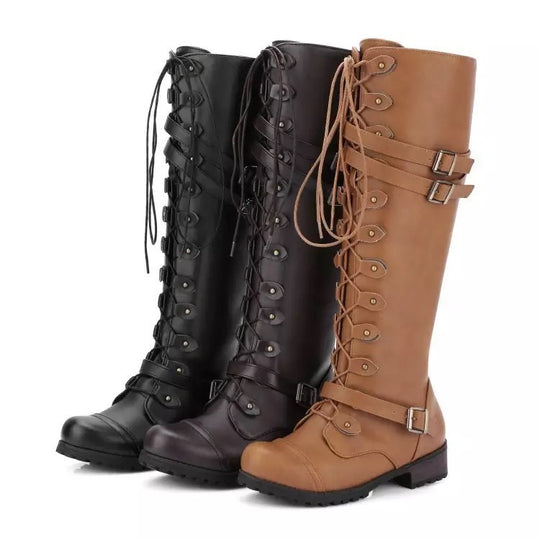Damen Kniehohe Schnürstiefel im Vintage-Militärstil mit Doppelschnallen und robuster Profilsohle Nord Taschen