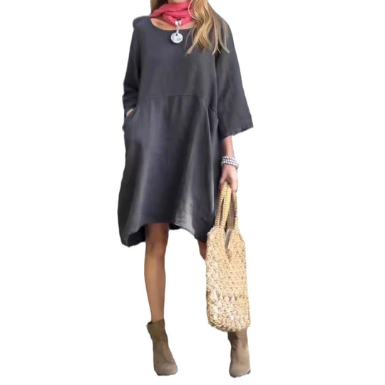 Damen lässiges Leinenkleid mit praktischen Taschen und asymmetrischem Saum