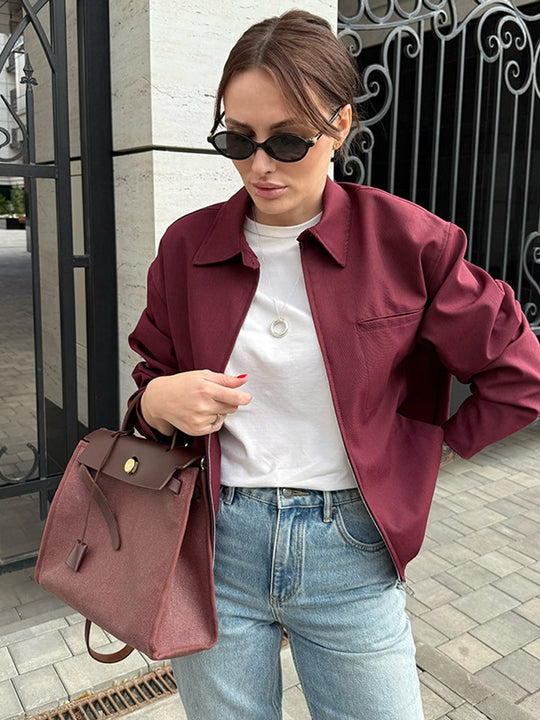 Damen Leichte Twill-Übergangsjacke mit Hemdkragen, verdecktem Reißverschluss und kastiger Silhouette Nord Taschen
