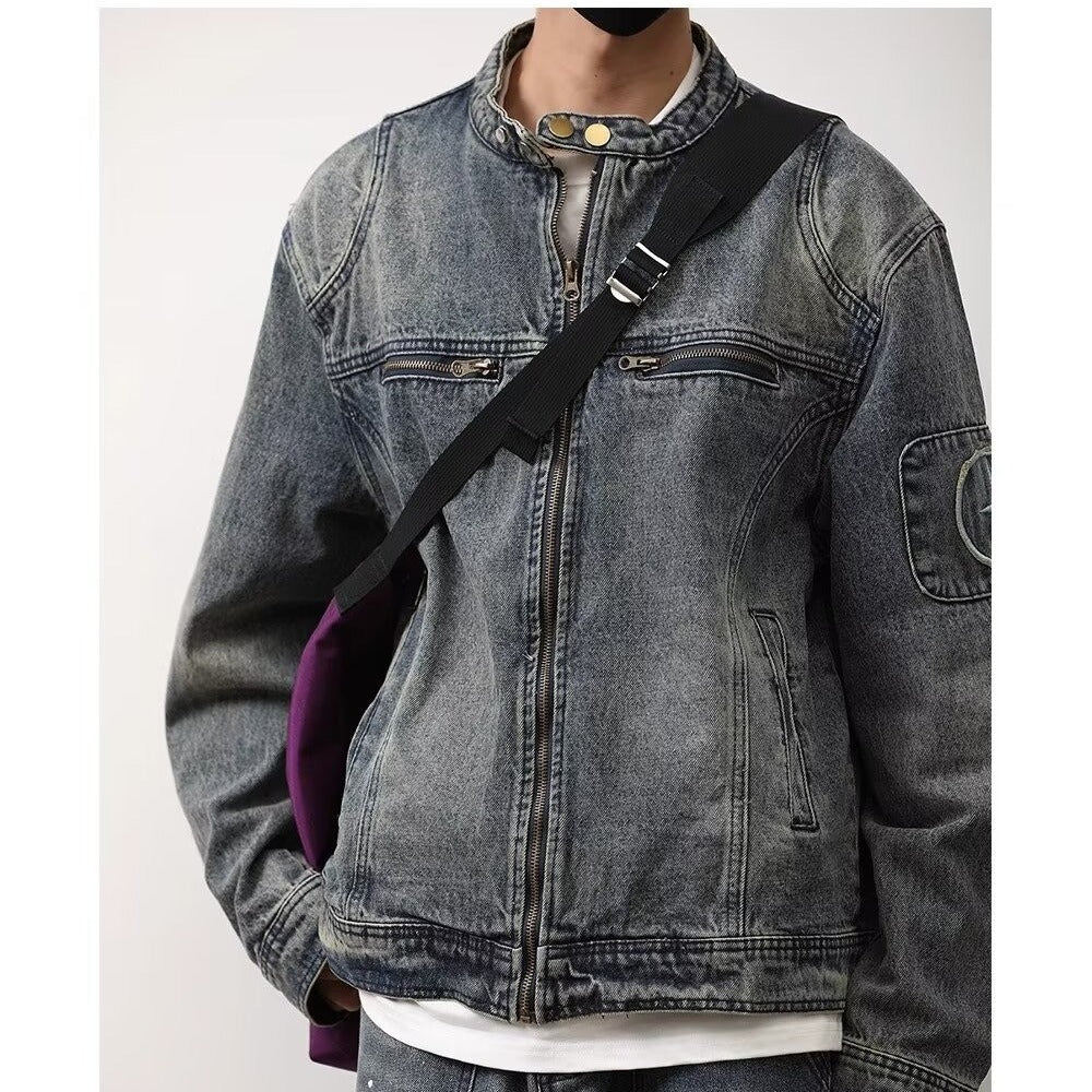 Herren Jeansjacke im Vintage‑Wash mit Stehkragen und Reißverschluss Nord Taschen
