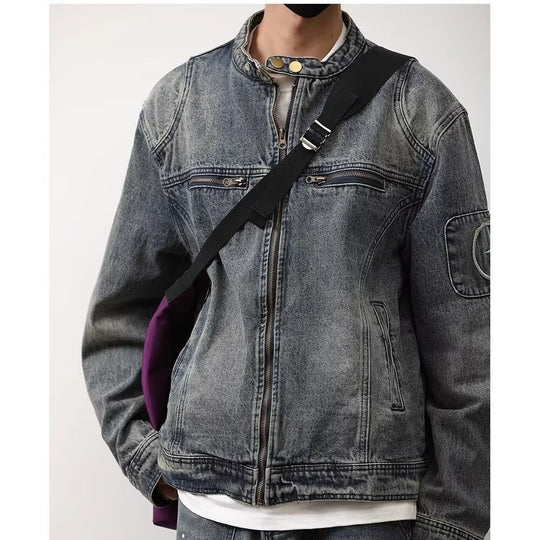 Herren Jeansjacke im Vintage‑Wash mit Stehkragen und Reißverschluss Nord Taschen