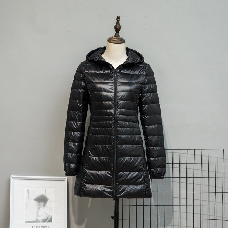 Damen Leicht gesteppte Langjacke mit Kapuze und schlanker Silhouette Nord Taschen
