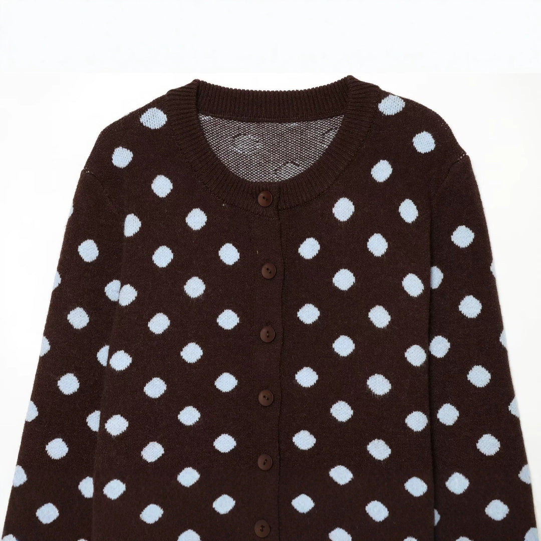 Damen Gepunktete Kurzstrickjacke mit Rundhalsausschnitt und Knopfleiste Nord Taschen