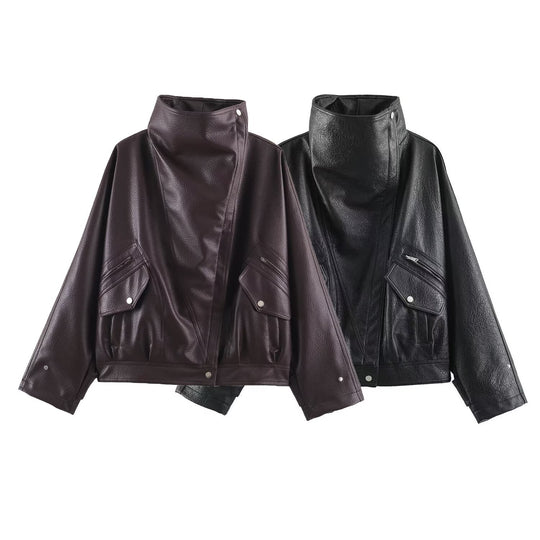 Damen Oversized Kunstleder-Capejacke mit hohem Stehkragen und Pattentaschen Nord Taschen