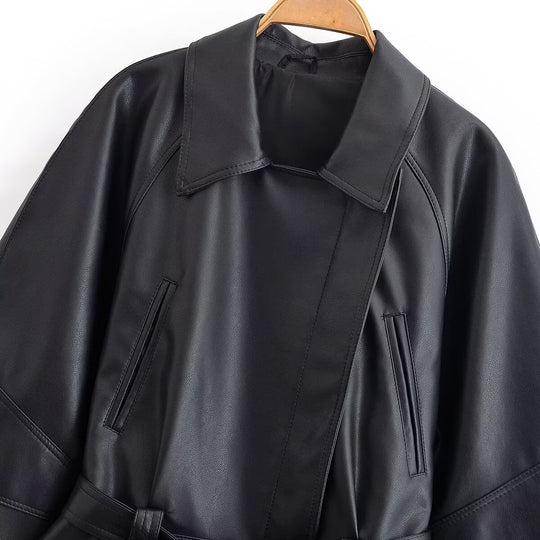 Damen Cropped-Lederoptik-Blouson mit Wickelgürtel, Oversize-Ärmeln und markanten Ziernähten Nord Taschen