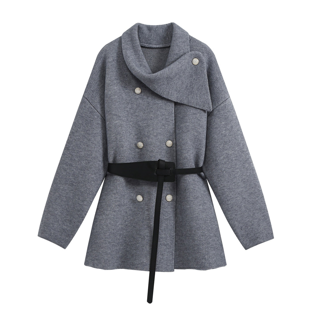 Damen Kurzer Blouson‑Mantel im Cocoon‑Schnitt mit asymmetrischem Schalkragen und Taillengürtel Nord Taschen