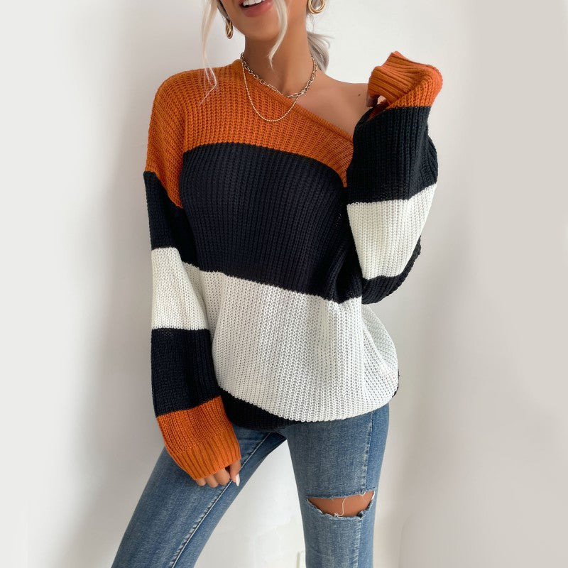 Damen Lässiger Gestreifter Pullover mit Off-Shoulder Design Nord Taschen