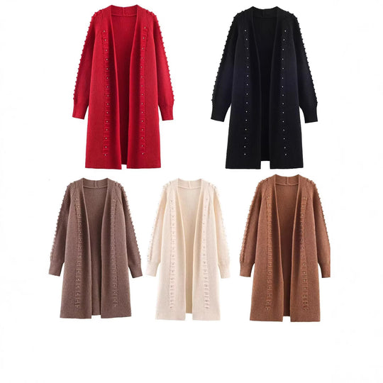 Damen Longline Strickcardigan mit Perlen- und Rüschendetail offene Front Nord Taschen