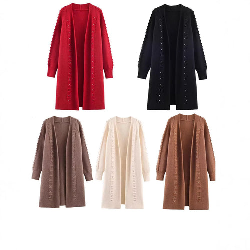 Damen Longline Strickcardigan mit Perlen- und Rüschendetail offene Front Nord Taschen