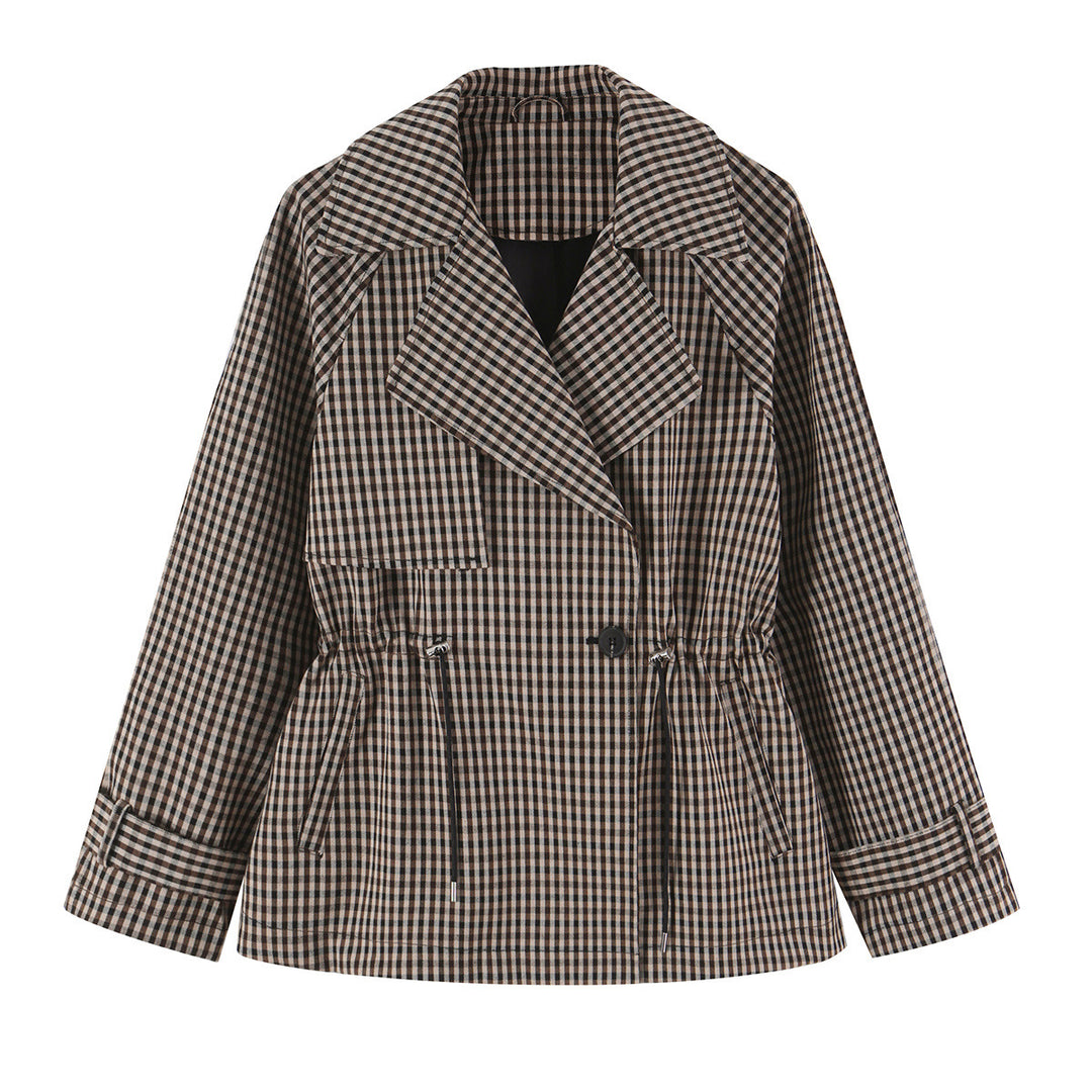 Damen Kurze Karo-Trenchjacke mit Tunnelzug-Taille und weitem Revers Nord Taschen
